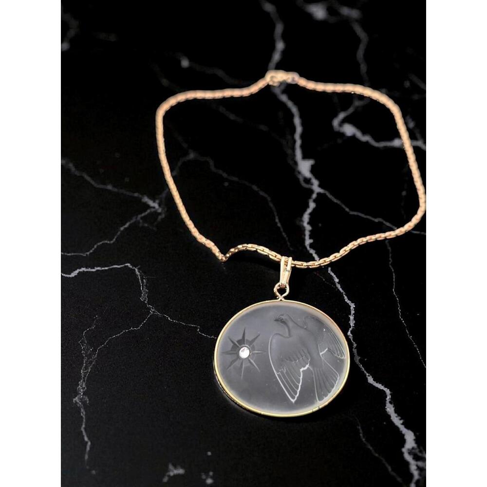 Vintage Nina Ricci for Lalique Frosted Glass Dove & Star Pendant Necklace